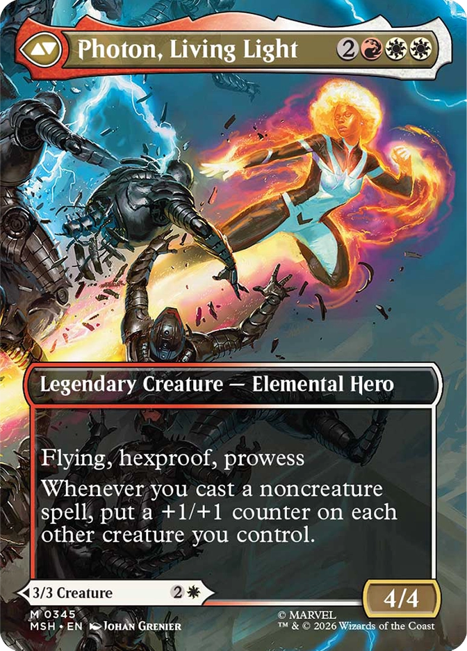 Magic: The Gathering MSH mythic rare legendary creature card Photon, Living Light. Art by Johan Grenier depicting Photon in a white costume blazing with orange and gold fire energy as she flies forward, blasting apart a dark mechanical enemy. 4/4 Elemental Hero with flying, hexproof, and prowess, plus an ability that places +1/+1 counters on all other creatures you control whenever you cast a noncreature spell.
