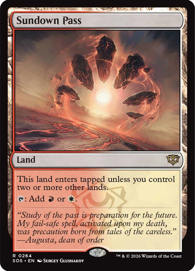 Magic: The Gathering — Secrets of Strixhaven. Sundown Pass, Rare, Land. Art depicts a ring of dark levitating boulders surrounding a blazing white light source, casting warm orange light across a cracked desert landscape at dusk.