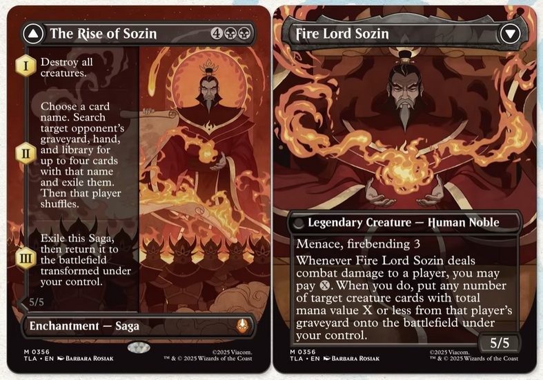 Two Magic: The Gathering cards from the Universes Beyond: Avatar set featuring Fire Lord Sozin. The left card, "The Rise of Sozin," is a black and red Enchantment — Saga with a mana cost of 4 generic, 1 black, and 1 red. The artwork shows Sozin in regal Fire Nation attire, surrounded by flames and a blazing comet overhead. The Saga has three chapters: 1) Destroy all creatures, 2) Choose a card name and exile all matching cards from an opponent’s graveyard, hand, and library, and 3) Exile the Saga, then transform it into the creature card on the right. The right card, "Fire Lord Sozin," is a Legendary Creature — Human Noble with a power and toughness of 5/5. He has Menace and Firebending 3. His ability allows you to deal damage to a player and potentially put a creature card from their graveyard onto the battlefield under your control. The artwork continues the fiery theme, with Sozin conjuring flames in a commanding pose. Both cards are illustrated by Barbara Rosiak.