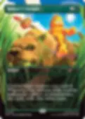 A cartoon cat rides a fierce, armored leopard through dense green foliage, holding a large sandwich. Text: "Hunter's Insight." Bright sky.