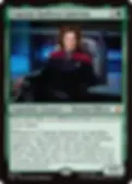 Magic-style card of Captain Kathryn Janeway seated on a starship bridge, green frame, labeled Legendary Creature — Human Officer