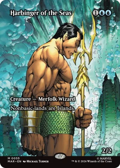 A muscular aquatic warrior holding a golden trident, standing in front of towering underwater ruins with bubbles and light filtering through the water. The card frame is blue.