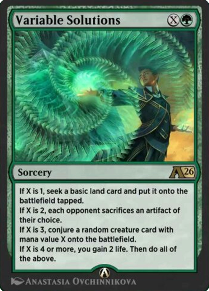Variable Solutions — MTG Arena Alchemy Sorcery, cost XG, Alchemy A26 set. A robed spellcaster in dark blue and gold armor stands with arms outstretched as a massive spiral of layered teal-green energy fans outward around them in a sweeping vortex against a warm golden desert background. Abilities scale with X value: X=1 seek a basic land tapped onto battlefield; X=2 each opponent sacrifices an artifact; X=3 conjure a random creature with mana value X onto the battlefield; X=4 or more gain 2 life then do all of the above. Art by Anastasia Ovchinnikova.