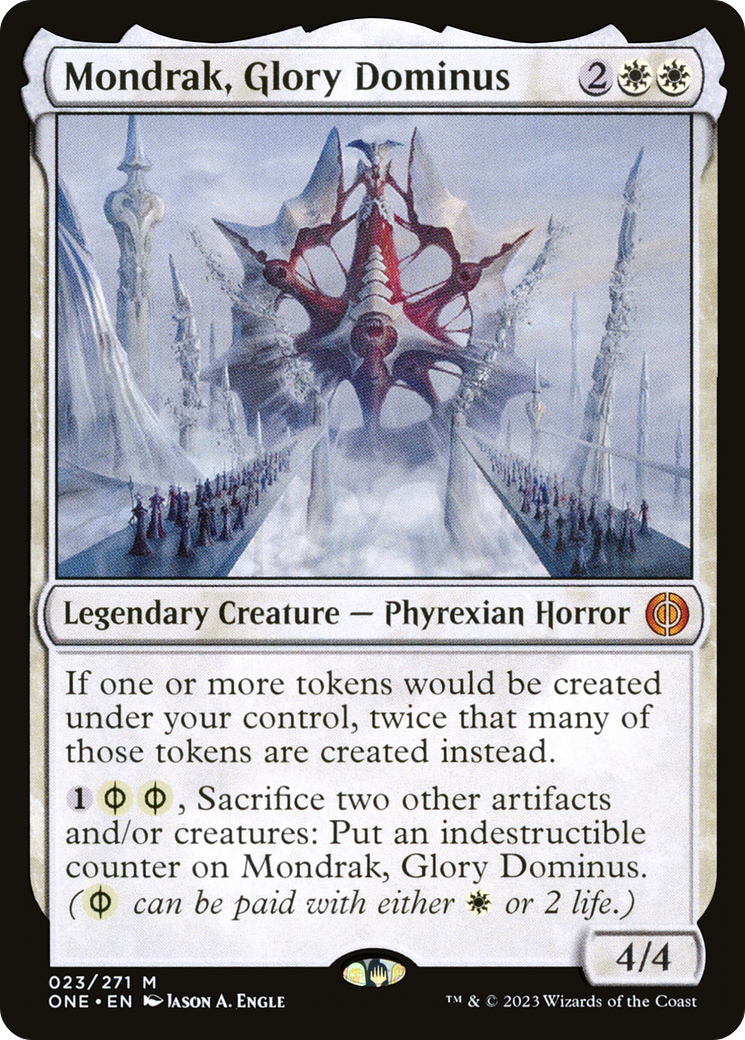 Fantasy card featuring "Mondrak, Glory Dominus," a large red and white creature with pale, icy towers and crowds in the background. Text below.