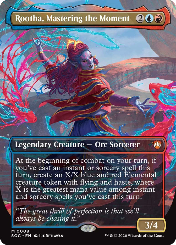 Magic: The Gathering — Strixhaven: School of Mages Commander. Rootha, Mastering the Moment, Mythic Rare, Legendary Creature — Orc Sorcerer, 3/4. Art depicts a blue-skinned orc sorceress with fiery red hair casting sweeping arcs of red and teal magical energy in a dramatic canyon setting.
