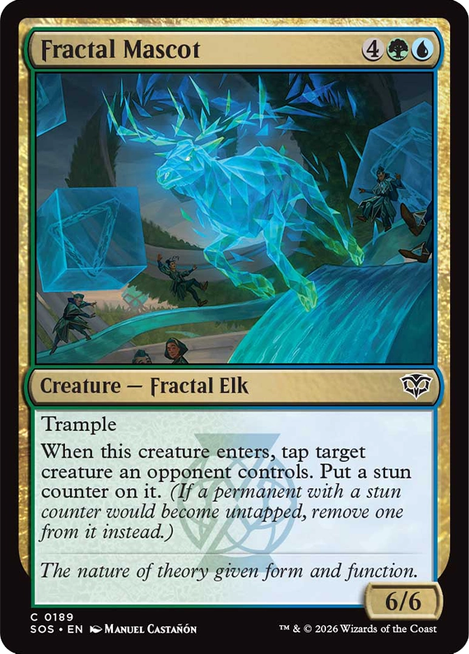 Magic: The Gathering — Secrets of Strixhaven. Fractal Mascot, Common, Creature — Fractal Elk, 6/6. Art depicts a large crystalline blue-green elk constructed of geometric facets charging through a forest as students scatter around it.