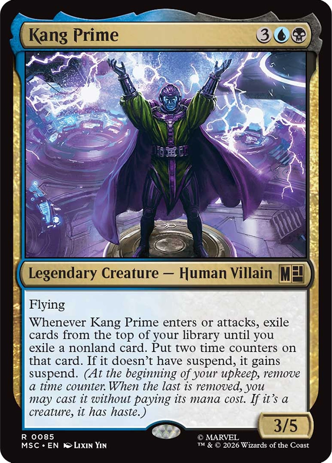 Kang Prime — Rare Legendary Creature, Human Villain, cost 3UB, 3/5, card #R0085. A blue-skinned figure in a dark green and purple armored suit stands on a raised circular platform with both arms thrown wide, massive crackling white and purple lightning bolts surging around him in a futuristic circular chamber with glowing technological structures. Flying. Whenever Kang Prime enters or attacks, exile cards from the top of your library until you exile a nonland card — put two time counters on that card and if it doesn't have suspend it gains suspend. MSC set, gold multicolor border, art by Lixin Yin, Marvel. 2026 Wizards of the Coast.