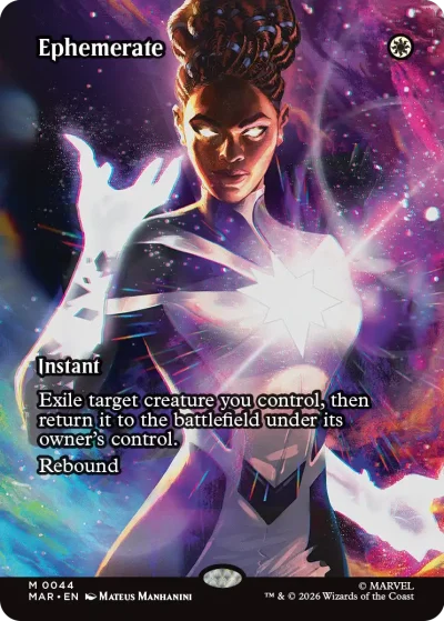 A glowing figure in a white and purple suit radiating cosmic energy, surrounded by swirling stars and vibrant nebula-like colors. The card frame is white.