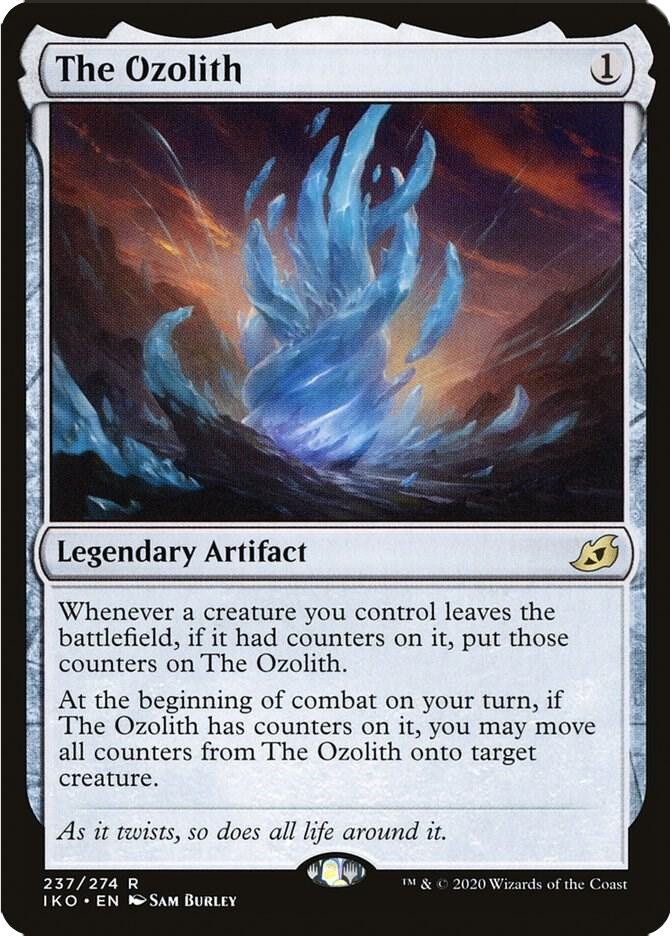 Card image titled "The Ozolith," showing a swirling blue energy in a mystical landscape. Text details gameplay mechanics.
