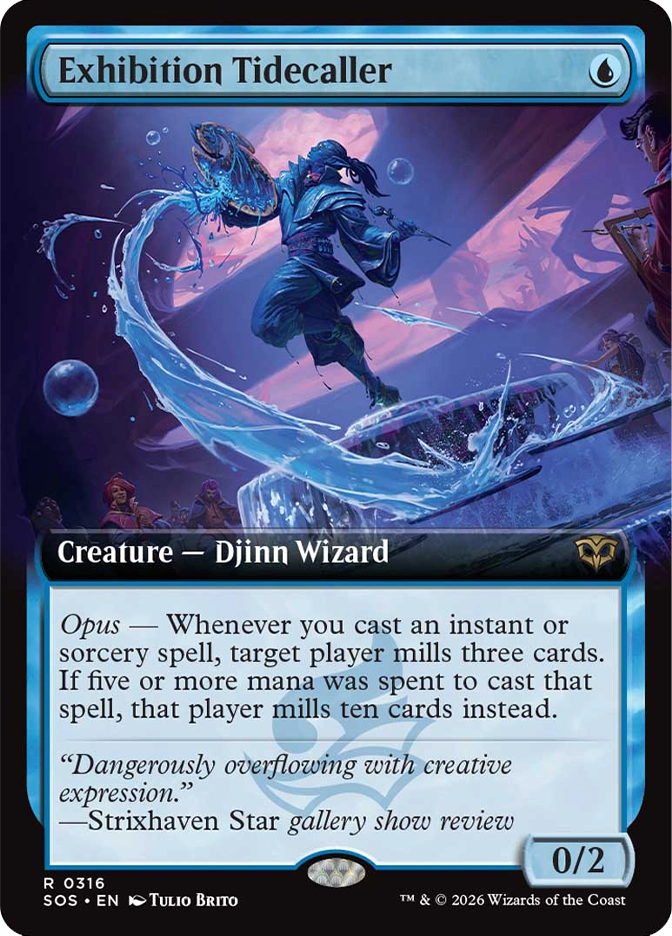 Magic: The Gathering — Secrets of Strixhaven. Exhibition Tidecaller, Rare, Creature — Djinn Wizard, 0/2. Art depicts a nimble blue-clad figure riding a cresting wave of water while carrying a fish-like creature, with an audience watching in the background.