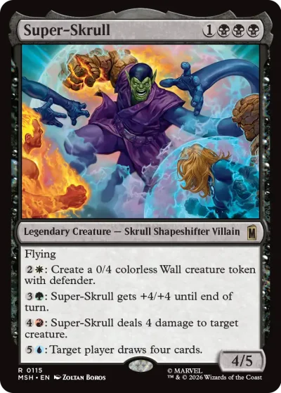 A card depicting Super-Skrull, a purple-skinned alien villain with elongated limbs, surrounded by elemental powers: fire, rock, and energy fields. The card frame is black, and text lists multiple activated abilities.