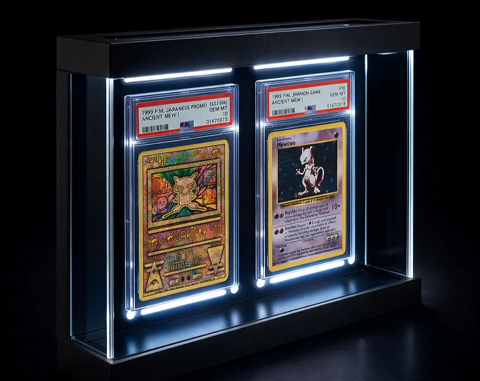 Two graded Pokémon cards, Ancient Mew and Mewtwo, displayed in a lit acrylic case against a dark background, conveying a collectible feel.