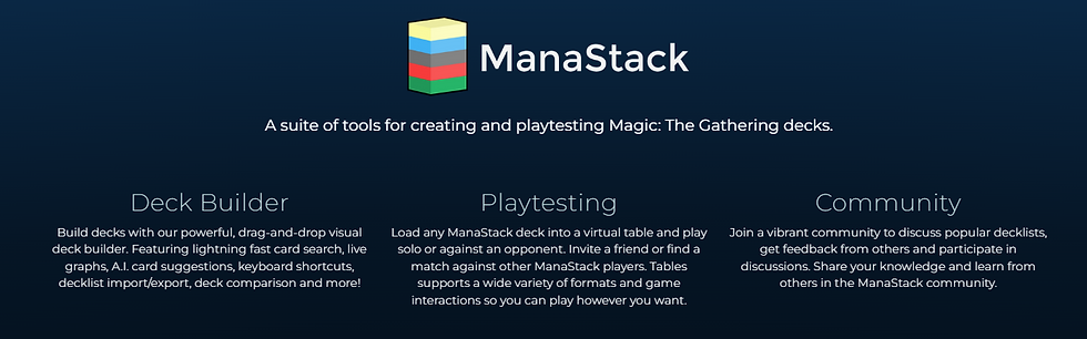 ManaStack banner with logo; text: A suite of tools for Magic: The Gathering decks. Features: Deck Builder, Playtesting, Community, on a dark blue background.