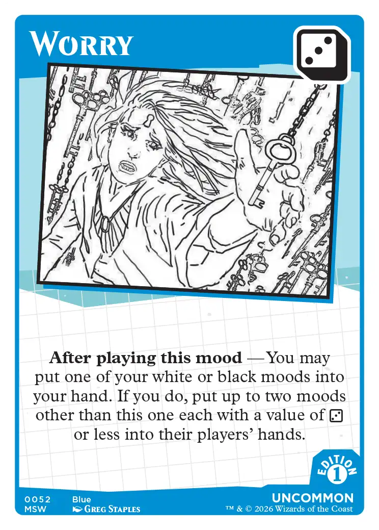 Worry — Mood Swings Mark Rosewater card game, Blue Uncommon mood card #0052. Dice value: 3. A wide-eyed woman with wild flowing hair reaches forward clutching a key, surrounded by hanging chains and keys filling the background, rendered in stark black-and-white ink line art. Ability: After playing this mood — You may put one of your white or black moods into your hand. If you do, put up to two moods each with a value of 2 or less into their players' hands. MSW Edition 1, art by Greg Staples.