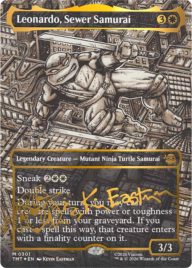 A stylized monochrome illustration of a turtle warrior in samurai gear leaping across rooftops in a dense urban cityscape, holding twin swords as wires and buildings fill the background.