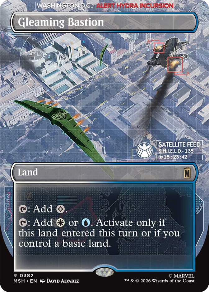 Magic: The Gathering MSH rare land Gleaming Bastion. Art by David Alvarez showing a S.H.I.E.L.D. satellite feed aerial view of a city under a Hydra incursion, with a green jet firing missiles near a large circular facility.