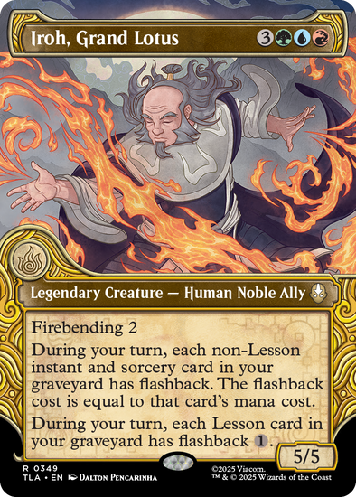 Magic: The Gathering blue-red-white legendary creature card. Iroh conjures fire with swirling flames around him. 5/5 Human Noble Ally with firebending and flashback for spells and Lessons.