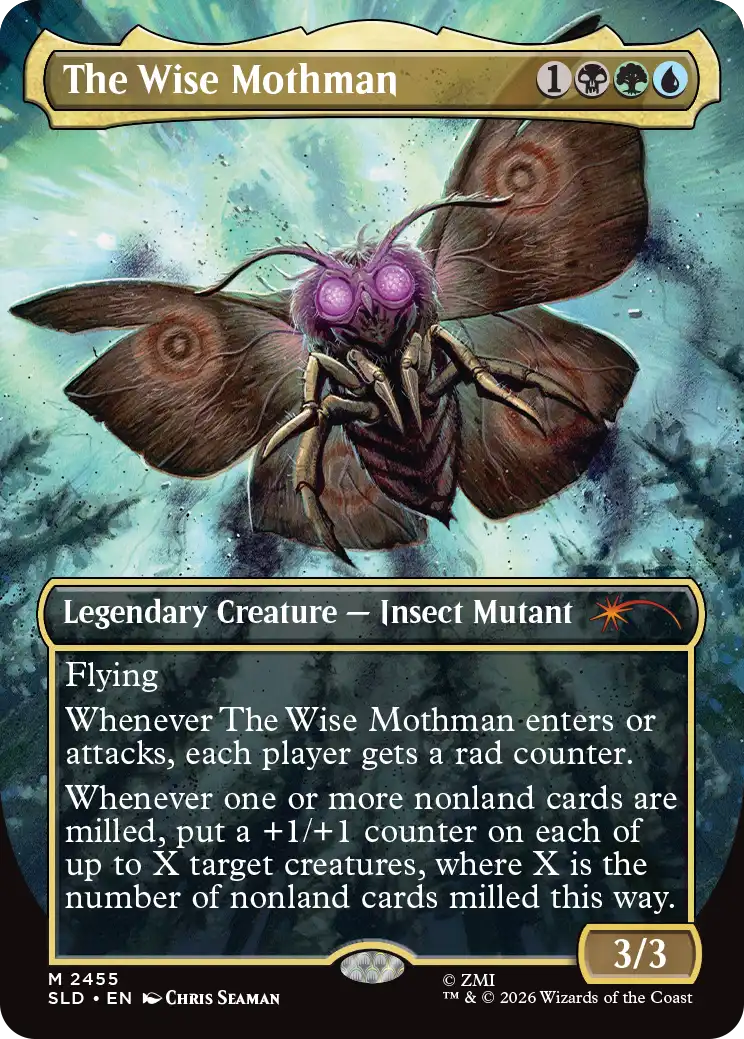 A large moth-like creature with glowing purple eyes and ornate, patterned wings hovers in midair. Green light radiates around it in swirling patterns, illuminating a dark forest below.