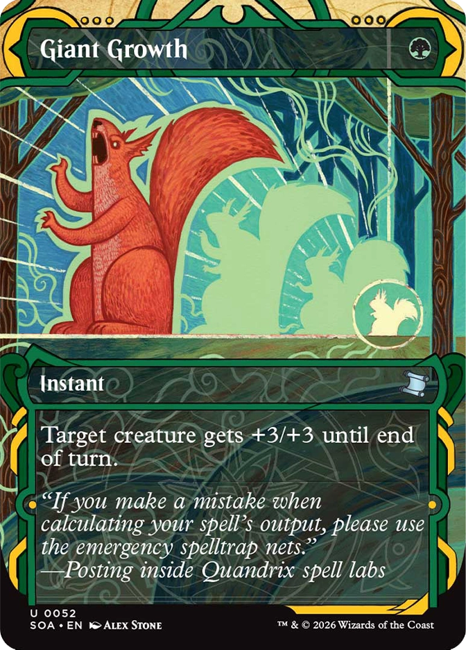 Magic: The Gathering — Secrets of Strixhaven Mystical Archive (English). Giant Growth, Uncommon, Instant. Art depicts a red squirrel rearing up with mouth open against a stylized green forest backdrop, its large green shadow looming behind it in a folk art-inspired illustration style.