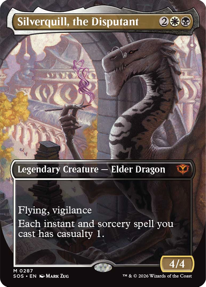Magic: The Gathering — Secrets of Strixhaven. Silverquill, the Disputant, Mythic Rare, Legendary Creature — Elder Dragon, 4/4. Art depicts a black and white striped dragon peering down while delicately holding a quill with swirling purple magical ink, a stack of books visible behind it.