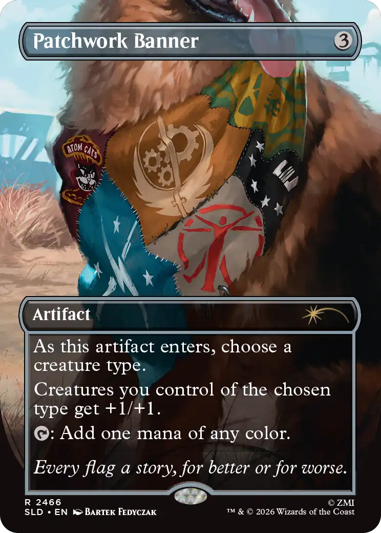 A dog wears a colorful patchwork bandana made from many stitched‑together faction flags, including symbols for the Atom Cats, the Brotherhood of Steel, and other groups. The dog stands outdoors in a sunlit, dusty landscape.