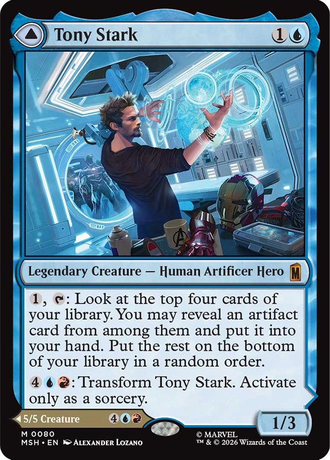 Tony Stark — Mythic Legendary Creature, Human Artificer Hero, cost 1U, 1/3, card #M0080, double-faced transform card. A lean bearded man in a dark t-shirt stands in a sleek high-tech workshop gesturing with both hands toward a glowing blue holographic circular interface, a red and gold armored helmet and gauntlet resting on the workbench to his right, a partially assembled armored suit visible in a blue-lit alcove behind him. Abilities: 1, tap — Look at top four cards of your library, reveal an artifact card from among them and put it into your hand, put the rest on the bottom in random order; 4UR: Transform Tony Stark, activate only as a sorcery. Back face is a 5/5 Creature at cost 4UR. MSH set, blue border, art by Alexander Lozano, Marvel. 2026 Wizards of the Coast.