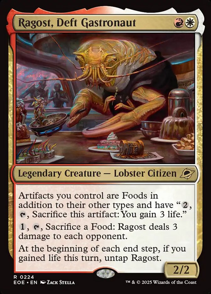 A lobster creature in a futuristic kitchen with various foods and gadgets. Text: Ragost, Deft Gastronaut. Vibrant colors and sci-fi theme.