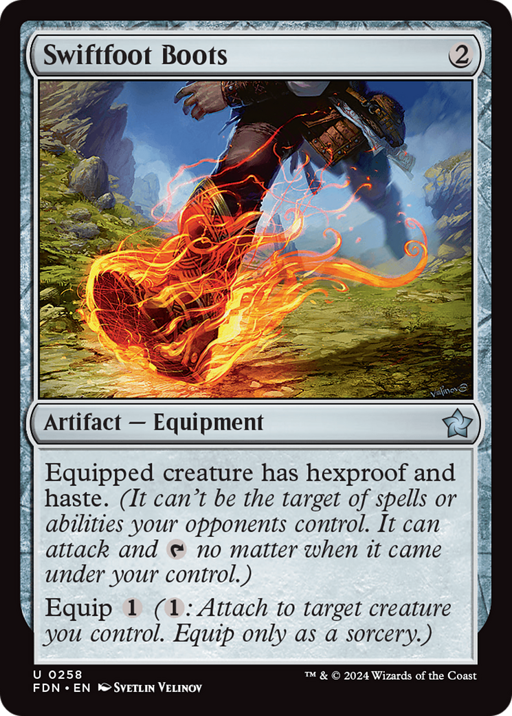 A boot with fiery flames stepping on grass. Card text reads: "Swiftfoot Boots," granting hexproof and haste. Background: rocky terrain.