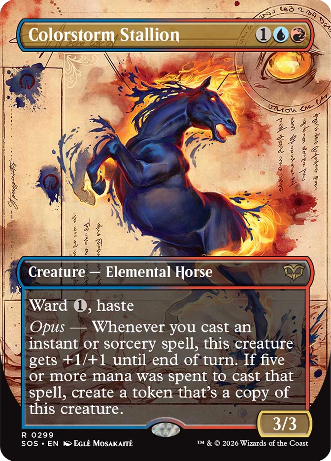 Magic: The Gathering — Secrets of Strixhaven. Colorstorm Stallion, Rare, Creature — Elemental Horse, 3/3. Art depicts a rearing dark blue horse with a mane of fire, rendered in a painterly manuscript style with handwritten notes and ink splatters in the background.