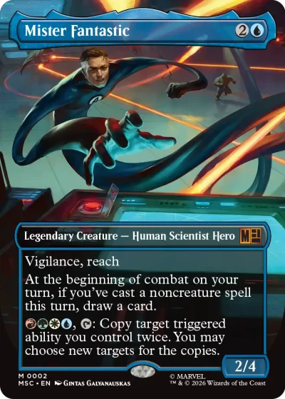 A stretchy hero extending elongated limbs across a high-tech laboratory filled with glowing screens and machinery. The card frame is blue.