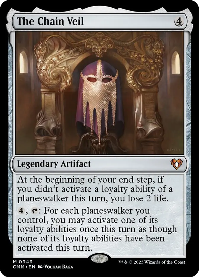 Magic: The Gathering card The Chain Veil, showing a purple jeweled mask in an ornate frame, with Legendary Artifact rules text.