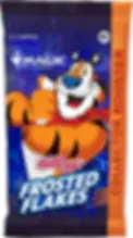 Cartoon tiger giving thumbs up on a cereal pack with "Kellogg's Frosted Flakes." Text: "Magic: The Gathering Collector Booster."