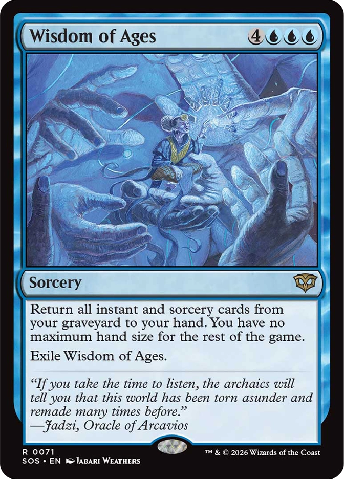 Magic: The Gathering — Secrets of Strixhaven. Wisdom of Ages, Rare, Sorcery. Art depicts a small horned figure cradled between enormous stone hands reaching toward a glowing magical shape, rendered entirely in deep blue tones.