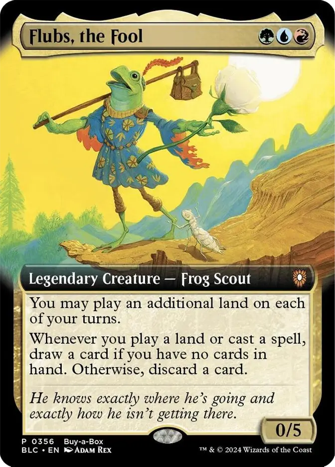 Magic card Flubs, the Fool: a green frog scout in blue garb carries a pole with bags on a bright rocky hillside, with card text below.