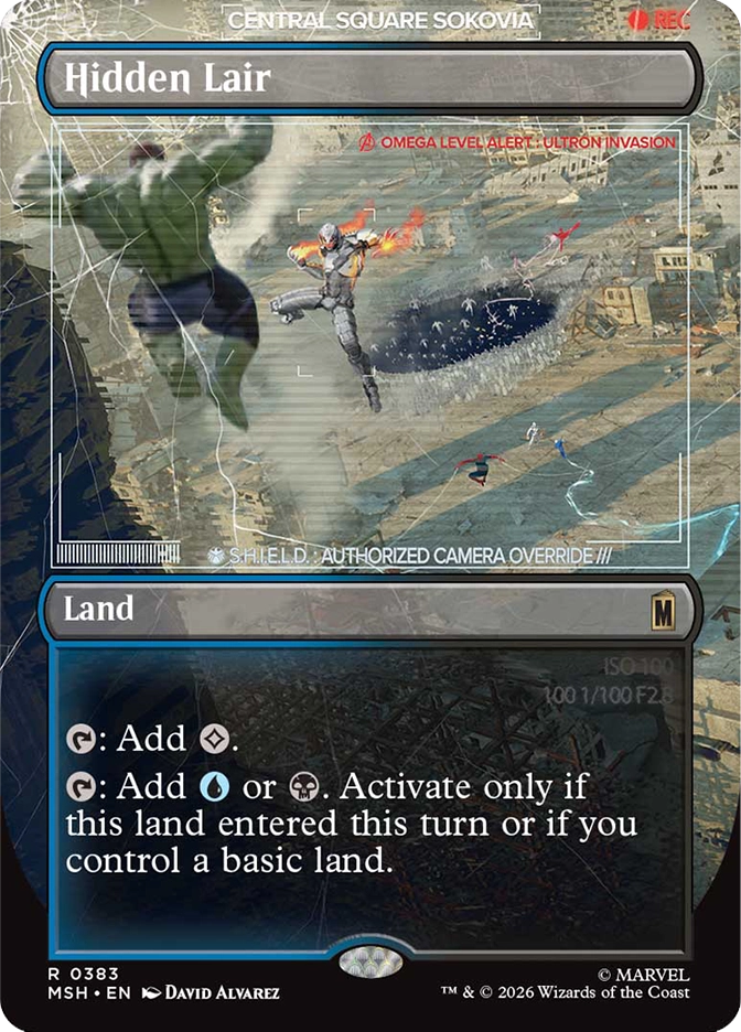 Magic: The Gathering MSH rare land Hidden Lair. Art by David Alvarez depicting a S.H.I.E.L.D. camera override view of an Ultron invasion in Sokovia, with the Hulk and a robotic figure fighting over a massive crater.