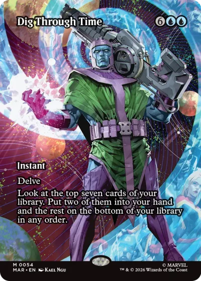 A vibrant cosmic-themed card depicting a figure in a green and purple futuristic suit holding a large sci-fi weapon, surrounded by swirling galaxies and bright colors. The card is an Instant with the ability to look at the top seven cards of your library and choose two.