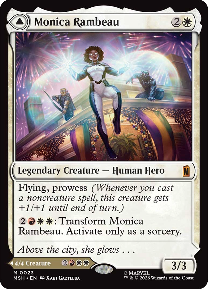 Monica Rambeau — Mythic Legendary Creature, Human Hero, cost 2W, 3/3, card #M0023, double-faced transform card. A woman in a white bodysuit with short curly hair hovers in mid-air with arms outstretched, glowing with brilliant white and prismatic light energy, colorful fireworks bursting behind her, a figure in a tactical suit on the left and a crouching panther-suited figure on the right on a decorative balcony below. Flying, prowess. 2RWW: Transform Monica Rambeau, activate only as a sorcery. Flavor text: 'Above the city, she glows...' Back face is a 4/4 Creature at cost 2RW. MSH set, white border, art by Xabi Gaztelua, Marvel. 2026 Wizards of the Coast.