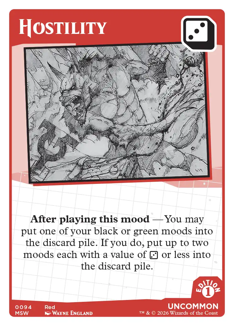Hostility — Mood Swings Mark Rosewater card game, Red Uncommon mood card #0094. Dice value: 3. A massive armored beast-like creature with an open fanged mouth lunges forward aggressively, rendered in dense crosshatch pencil sketch style. Ability: After playing this mood — You may put one of your black or green moods into the discard pile. If you do, put up to two moods each with a value of 2 or less into the discard pile. MSW Edition 1, art by Wayne England.