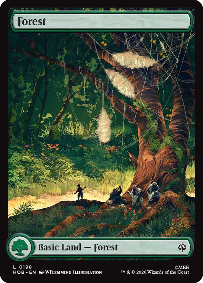 MTG The Hobbit full art Forest basic land card showing a lone hobbit-sized figure standing in a sunlit glade in Mirkwood, dwarfed by a massive twisted tree trunk draped in enormous white spider egg sacs and thick webbing, with two shrouded figures crouching at the roots and orange wildflowers scattered across the forest floor. Art by WFlemming Illustration.