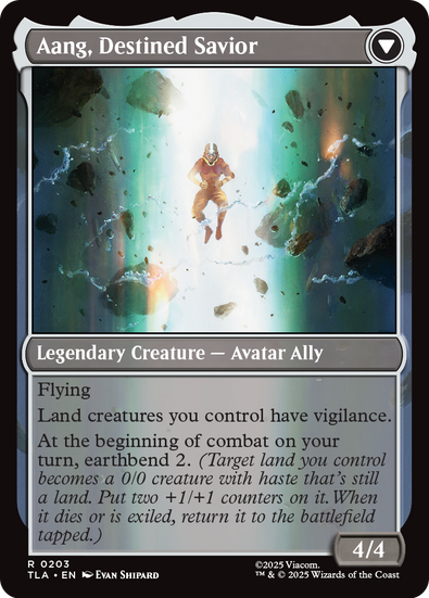Magic: The Gathering card featuring Aang glowing with elemental energy. Legendary 4/4 creature with flying. Grants vigilance to land creatures and earthbends lands into creatures with +1/+1 counters.