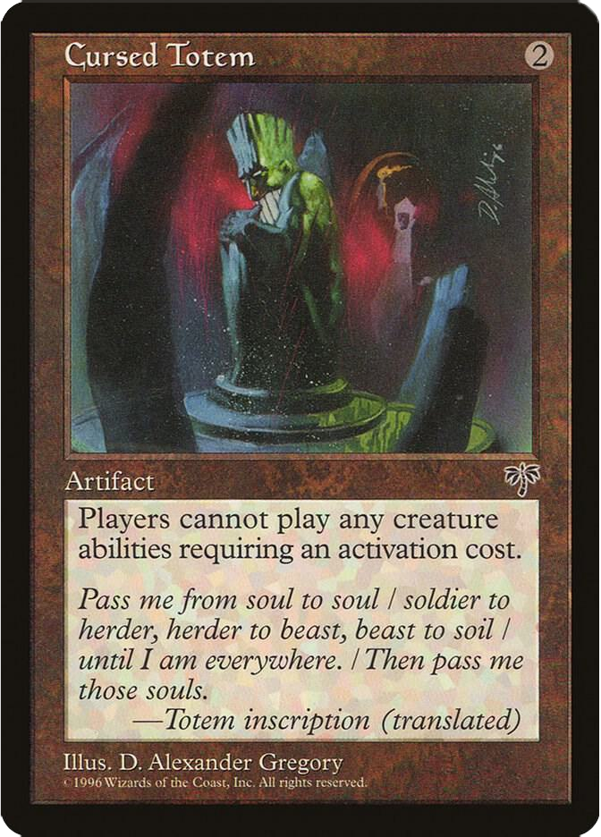 Artifact card titled "Cursed Totem," shows a mysterious figure in a green robe against a red and black background. Contains text about player restrictions.
