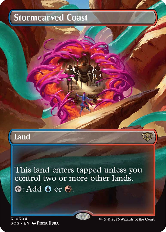 Magic: The Gathering — Secrets of Strixhaven. Stormcarved Coast, Rare, Land. Art depicts a small figure approaching a swirling vortex of pink and orange energy surrounded by large teal tentacle-like rock formations in a canyon setting.