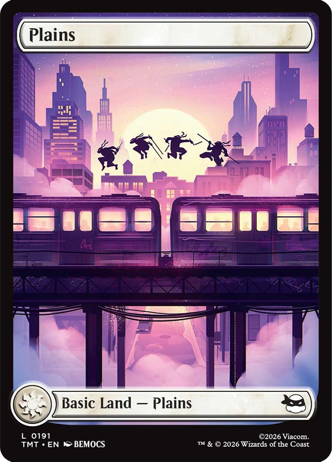 Four turtle silhouettes leap between elevated train cars as the sun rises behind a soft pink and purple skyline, with mist drifting between the buildings.