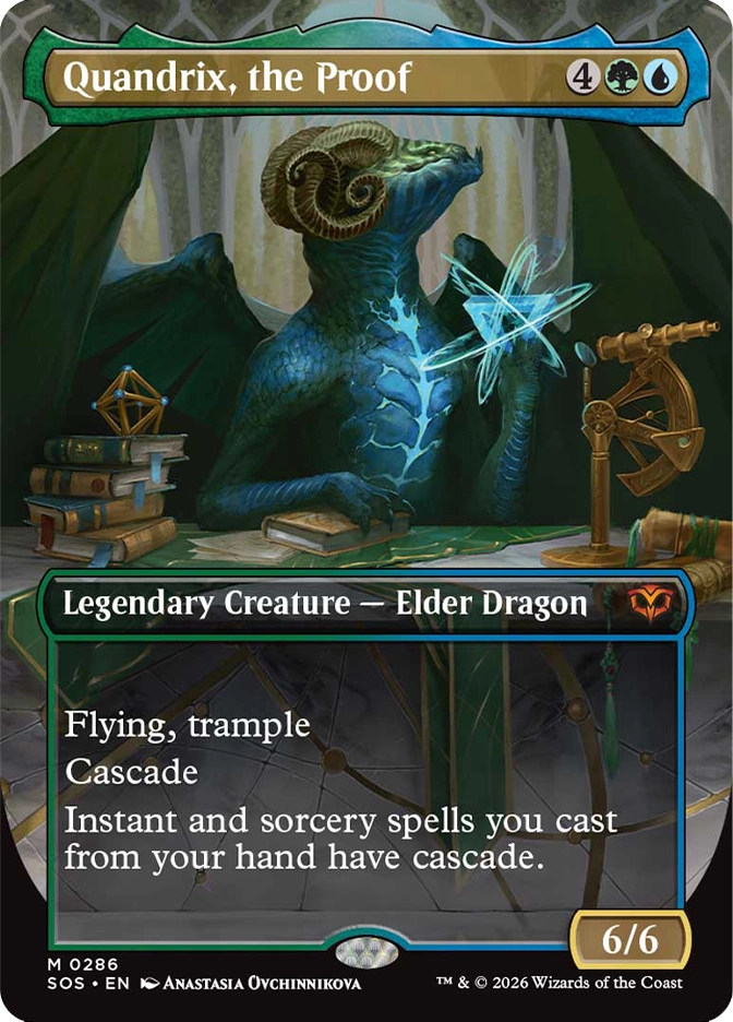 Magic: The Gathering — Secrets of Strixhaven. Quandrix, the Proof, Mythic Rare, Legendary Creature — Elder Dragon, 6/6. Art depicts a blue-green horned dragon seated at a study desk surrounded by books, a sextant, and a glowing geometric figure.
