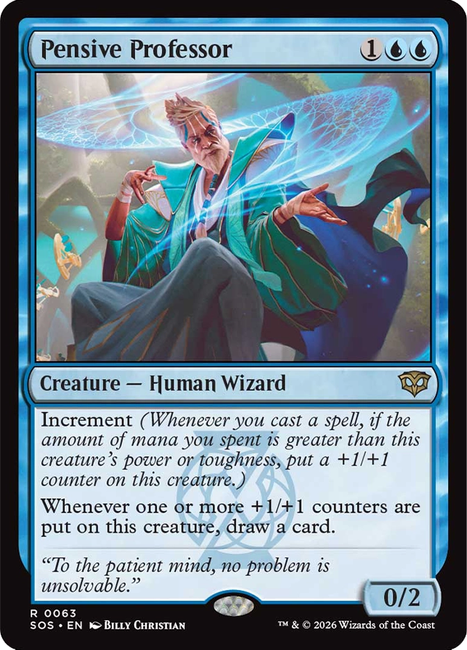 Magic: The Gathering — Secrets of Strixhaven. Pensive Professor, Rare, Creature — Human Wizard, 0/2. Art depicts an elderly wizard in a teal robe seated and gesturing with both hands as glowing blue disc-shaped constructs orbit around him in a soft architectural setting.