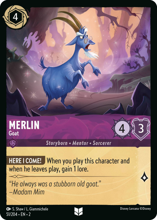 Blue goat in a mystical forest, labeled "Merlin," with text: "Here I come!" and a quote by Madam Mim. Purple and gold colors dominate.