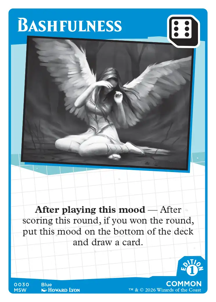 Bashfulness — Mood Swings Mark Rosewater card game, Blue Common mood card #0030. Dice value: 6. A winged angelic woman sits on the ground with large feathered wings spread behind her, her face buried shyly in her hands, rendered in soft grayscale painterly style. Ability: After playing this mood — After scoring this round, if you won the round, put this mood on the bottom of the deck and draw a card. MSW Edition 1, art by Howard Lyon.