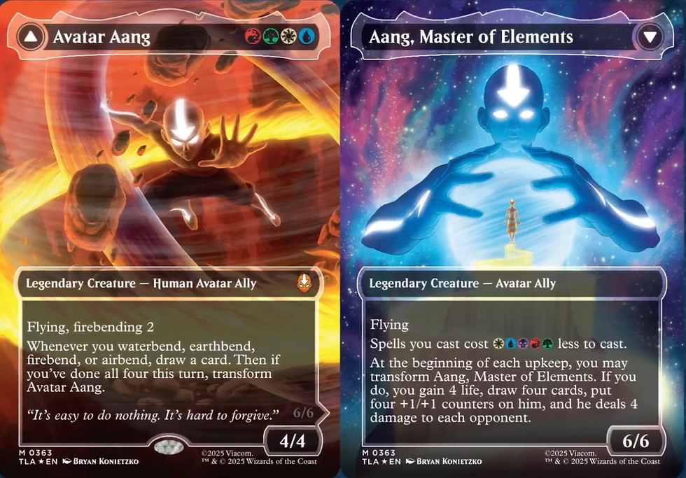 Two fantasy cards featuring a character in elemental actions. Left: red and orange, rocks floating; Right: blue cosmic background, glowing figure.