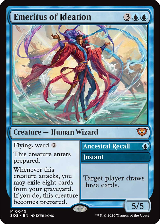 Magic: The Gathering — Secrets of Strixhaven. Emeritus of Ideation, Mythic Rare, Creature — Human Wizard, 5/5. Art depicts a robed mage levitating with flowing red and blue ribbons of magical energy swirling around them over a coastal seascape.