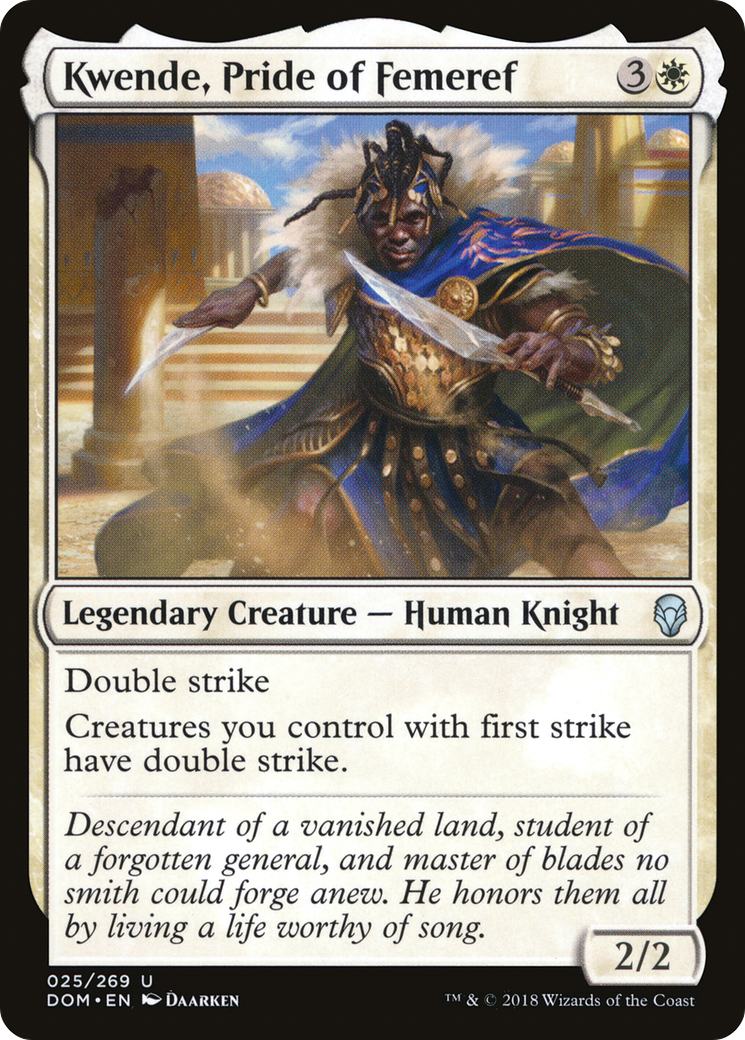 A warrior in armor, holding a sword, stands against a temple backdrop. Blue cloak, gold accents. Text: "Kwende, Pride of Femeref".